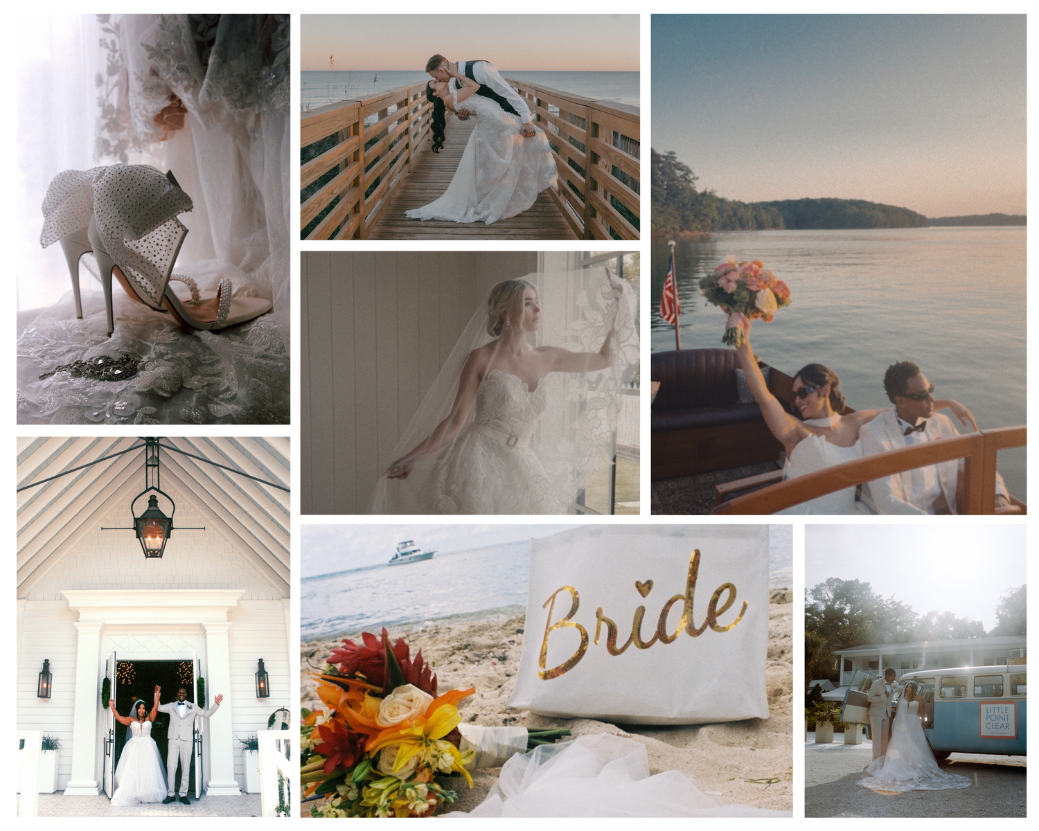 A collection of wedding photos showing ceremony and reception moments in light blue and white color scheme.