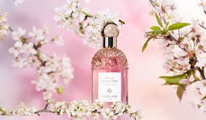 Guerlain Aqua Allegoria Florabloom perfume bottle with gold honeycomb cap, surrounded by cherry blossoms and  bee product photography Europe