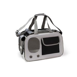 Gray soft-sided pet carrier with mesh window, ventilation holes, and storage pocket, product photography, product photographer in Europe