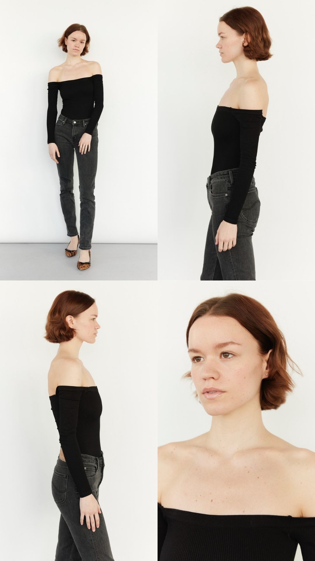Model wearing a black off-shoulder top and dark pants poses against white background in various angles and poses.