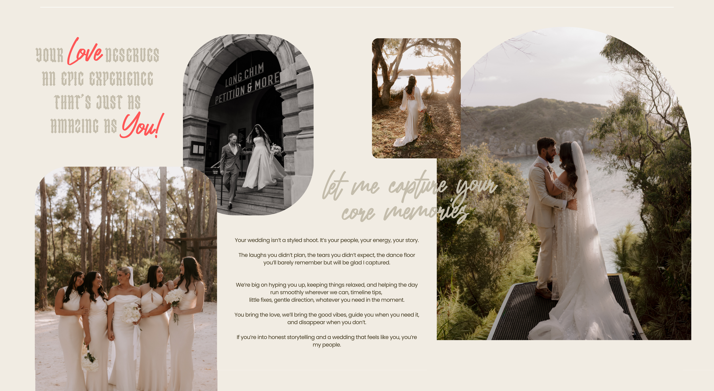 A collage of wedding photography website screenshots showing elegant layouts and romantic outdoor ceremony images.