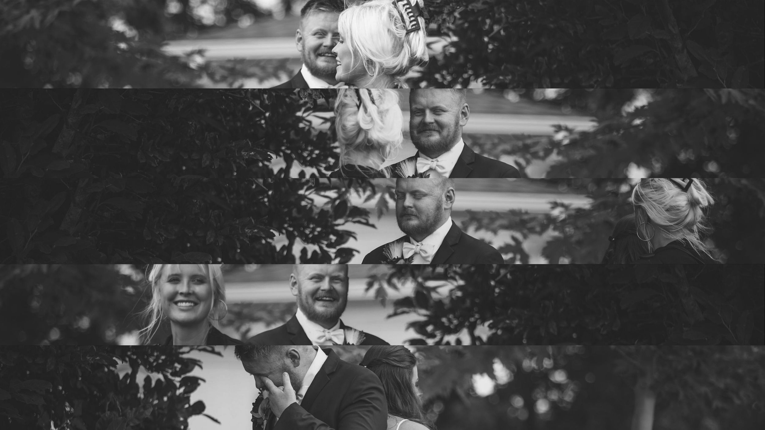 Black and white wedding photo collage showing champagne glasses, wine glasses, and Mr. and Mrs. table settings.