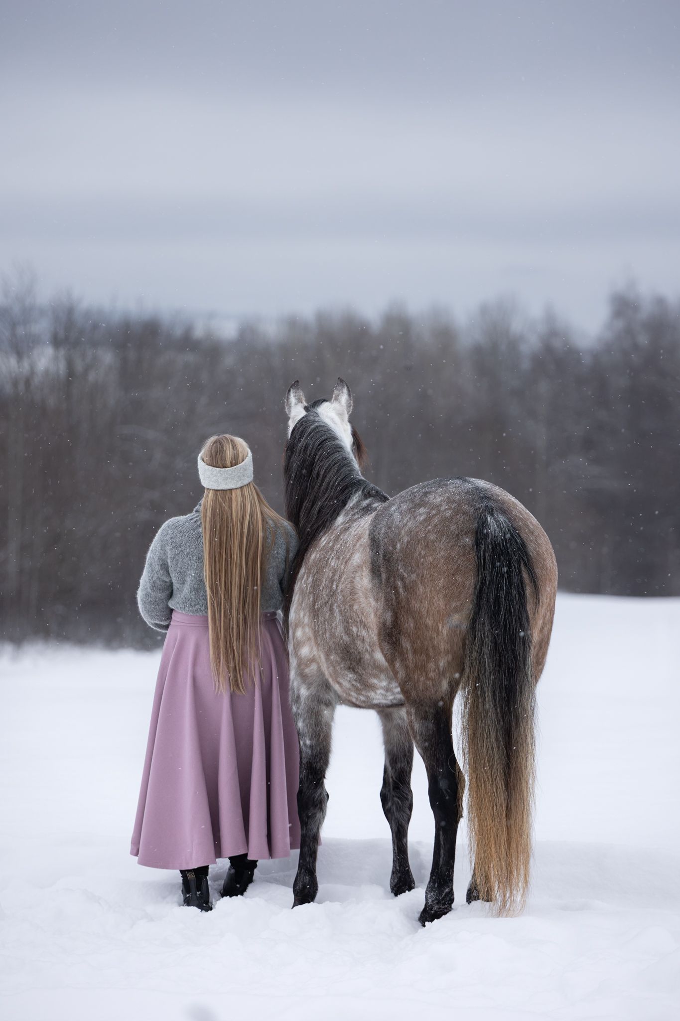 A person in a pink coat stands beside a dark horse in a snowy winter landscape.