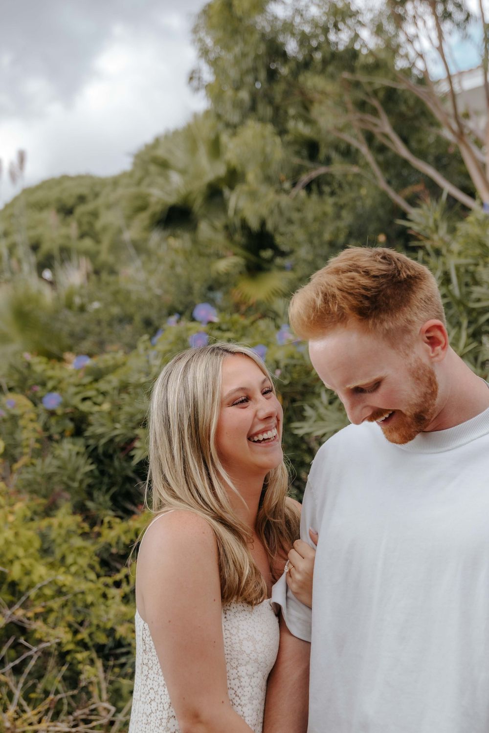 Bright and colorful engagement photos in Spain botanical garden.