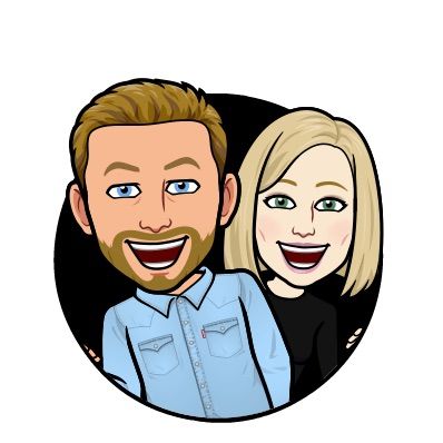 Cartoon avatar illustration of smiling couple in circular frame with blue shirt and black attire.