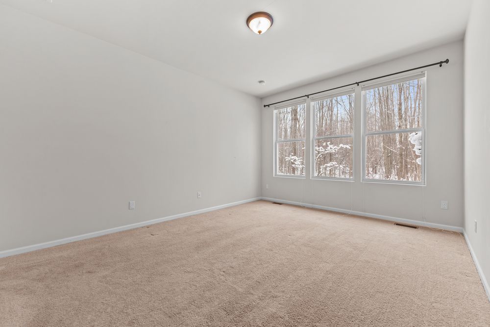 Empty carpeted bedroom with large triple window overlooking bare winter trees and neutral gray walls.