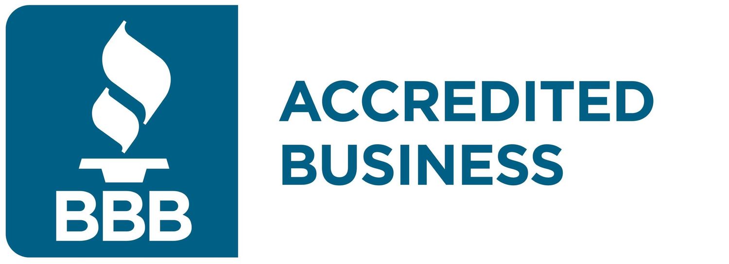 Blue and white Better Business Bureau accredited business logo showing BBB certification mark.
