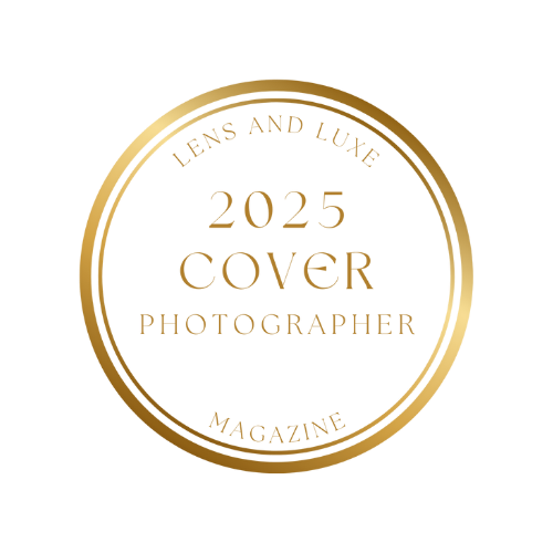 Gold circular badges with text for magazine, cover, and photographer arranged in an elegant layout.