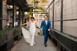 Collage of wedding photos showing couple walking through modern urban corridors and architectural spaces.