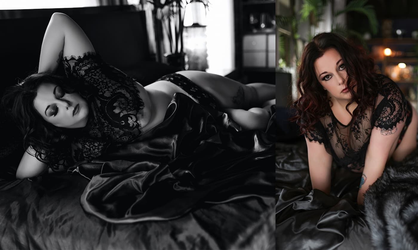 A dramatic boudoir portrait featuring dark lace and satin in moody lighting with both color and black and white versions.