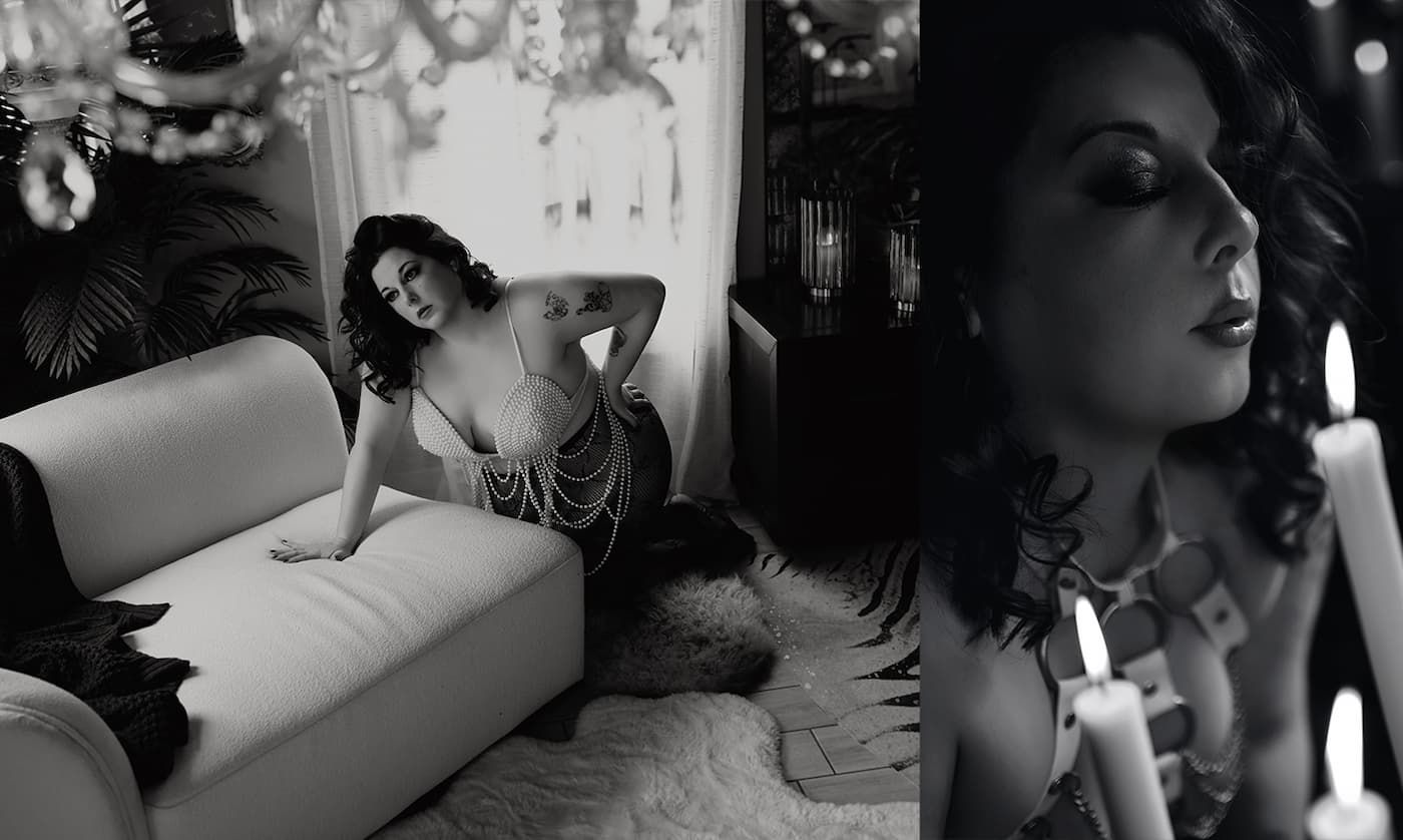 A series of vintage-style black and white artistic boudoir photographs arranged in a horizontal strip.