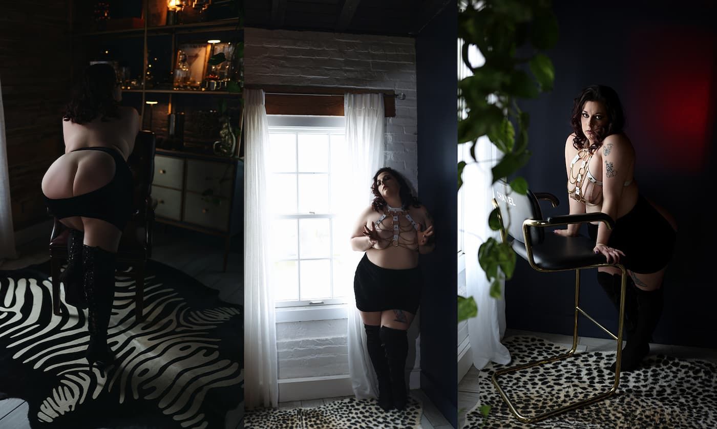 A moody boudoir photoshoot in a dimly lit room with dramatic shadows and natural window light.