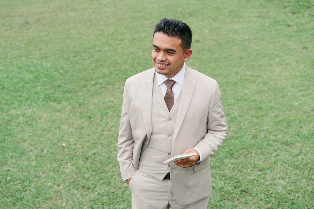 A sequence of wedding photos showing someone in a light colored suit on a green lawn.