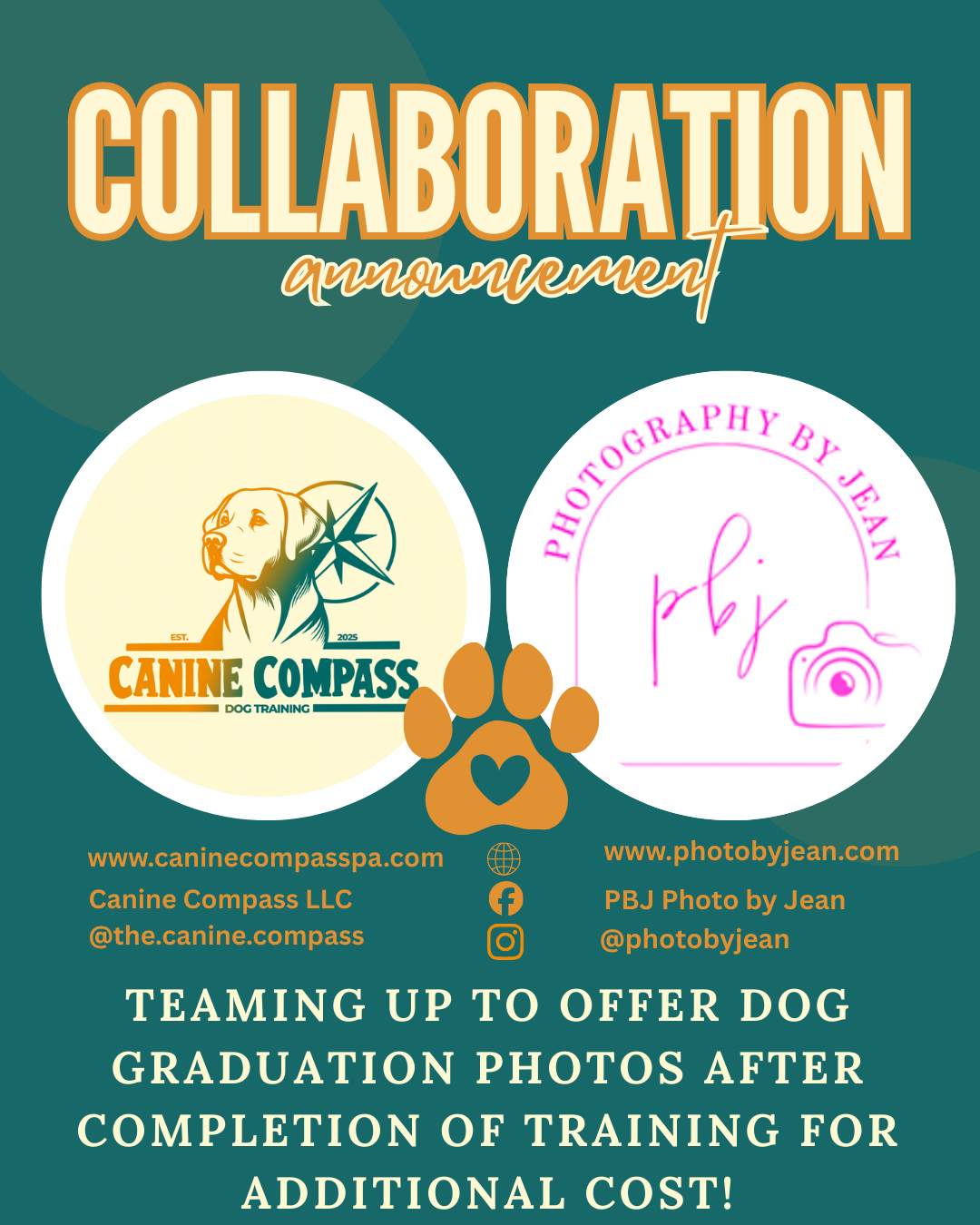A promotional banner for Canine Compass and Photo by Jean collaboration offering photography services after dog training completion.