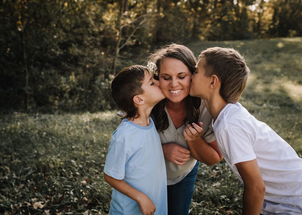 A heartwarming series of candid family moments captured in an outdoor setting during golden hour.