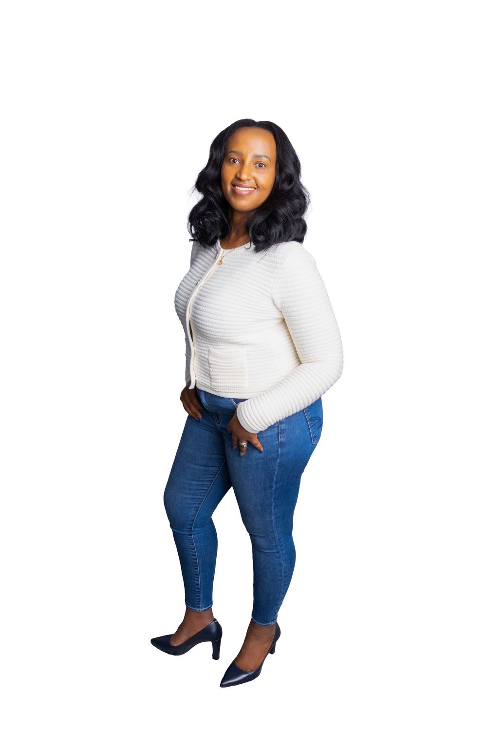 A person in a white long-sleeve top and blue jeans poses confidently in multiple casual standing positions.
