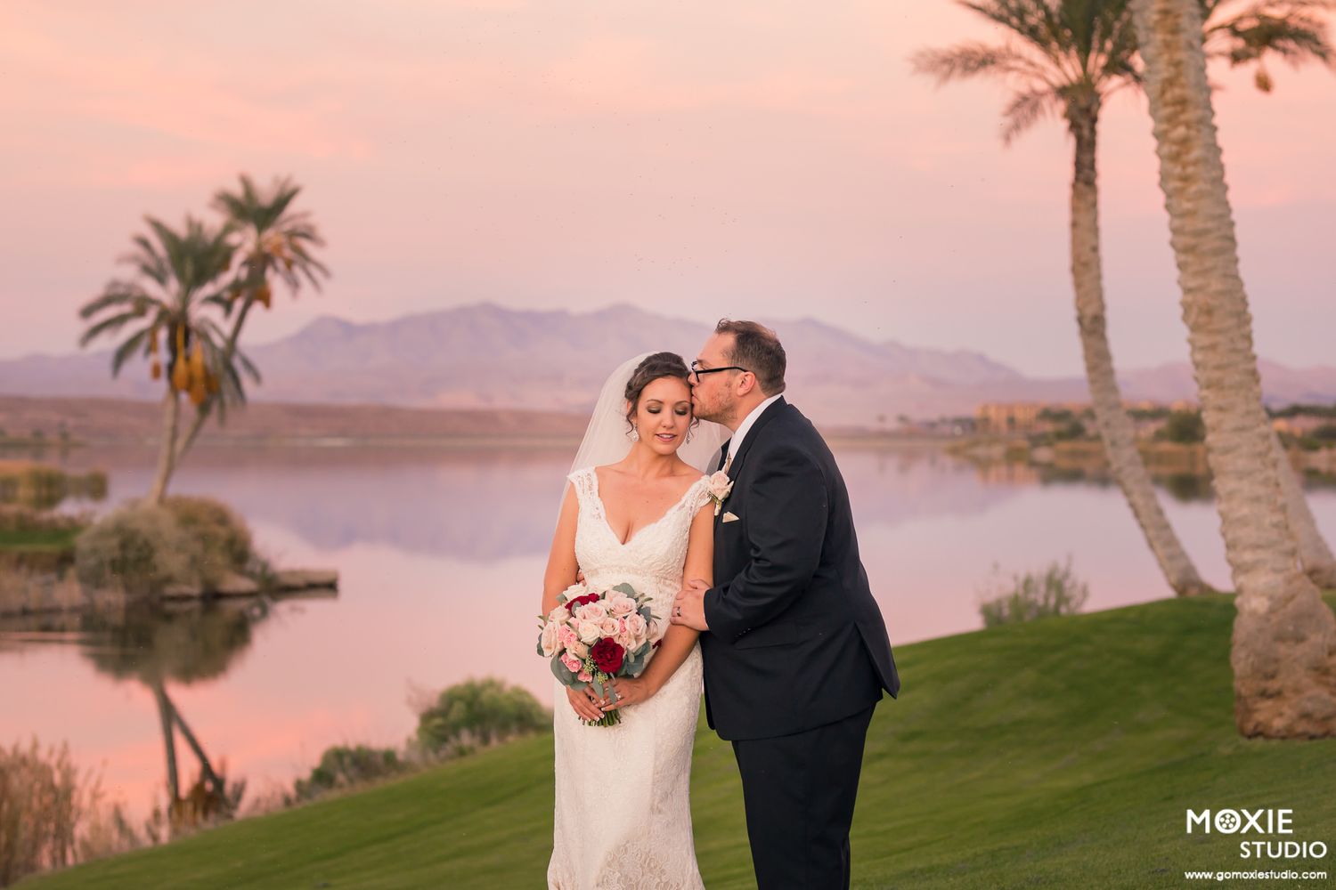 bride and groom portraits at DragonRidge Country Club sunset