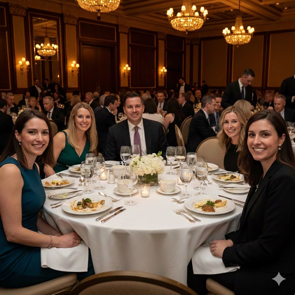 Elegant formal dinner gathering with guests seated at a round table under crystal chandeliers in a luxurious ballroom.