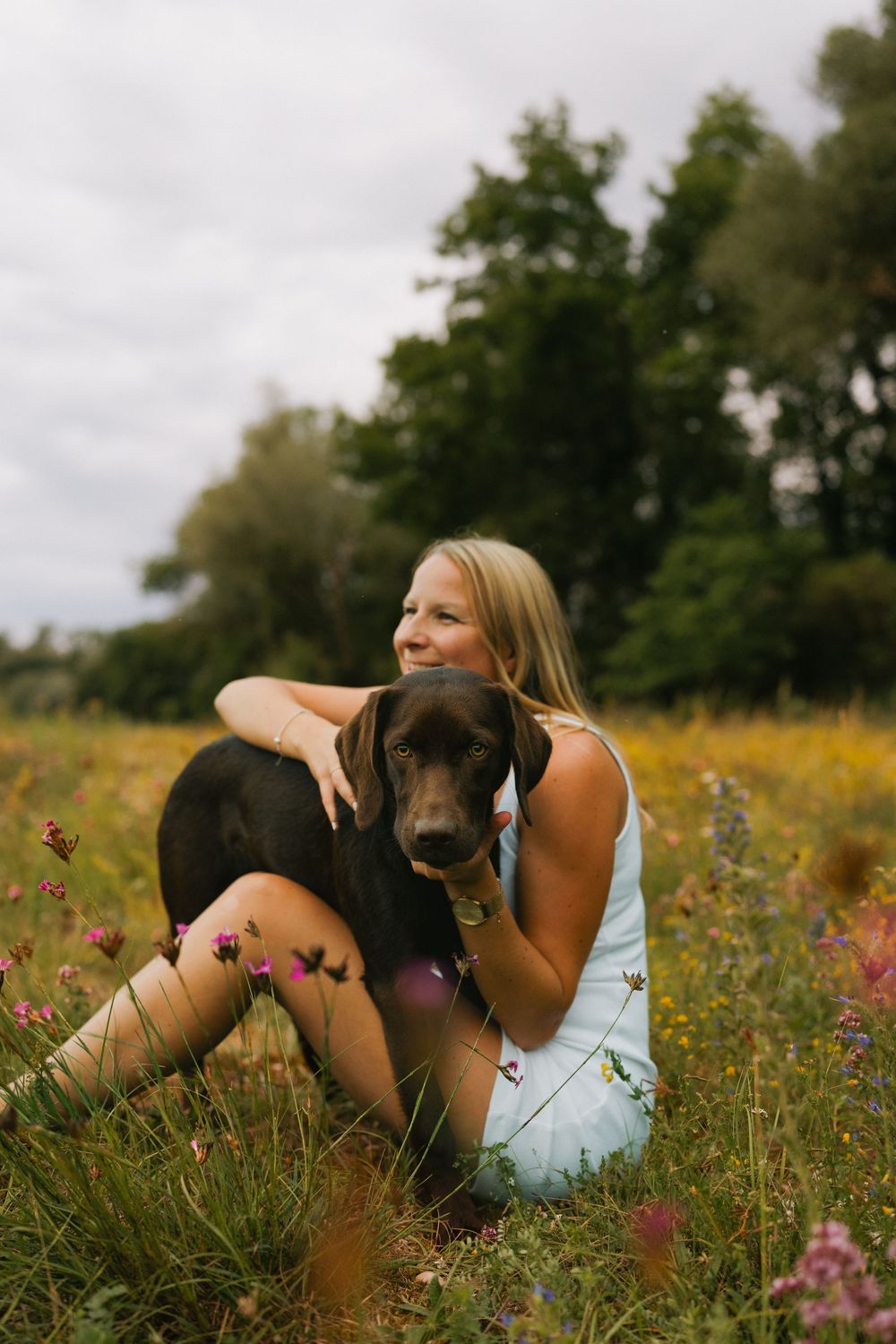 Mensch-Hunde-Shooting mit einem braunen Labrador und seiner Besitzerin in einer Wildblumenwiese in Niederbayern