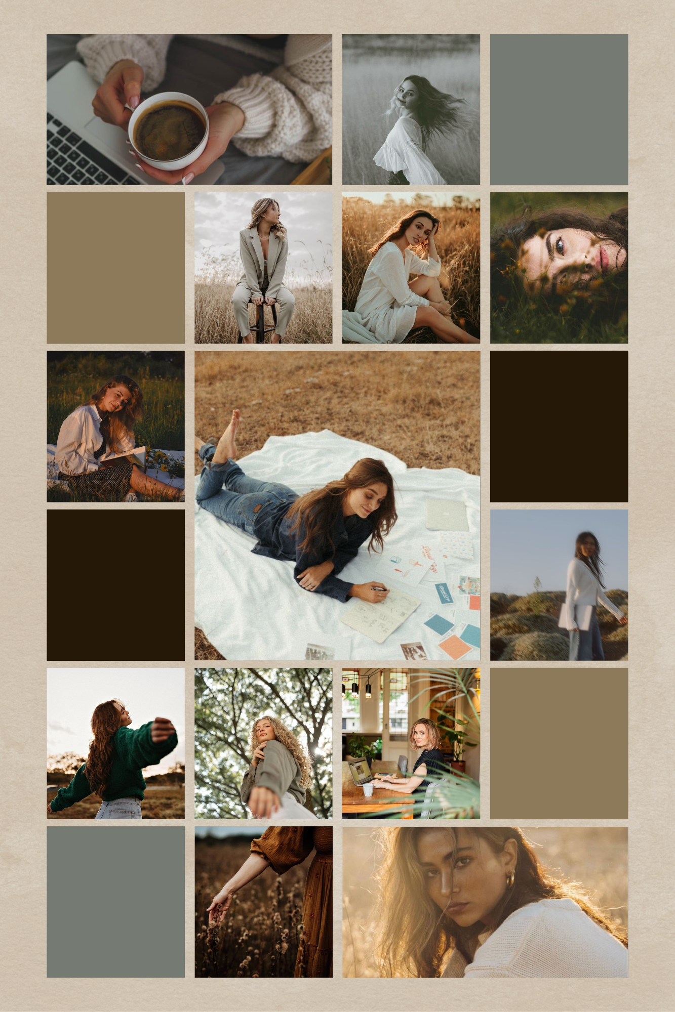 A collection of moody lifestyle photographs arranged in a grid collage with earthy tones and natural lighting.