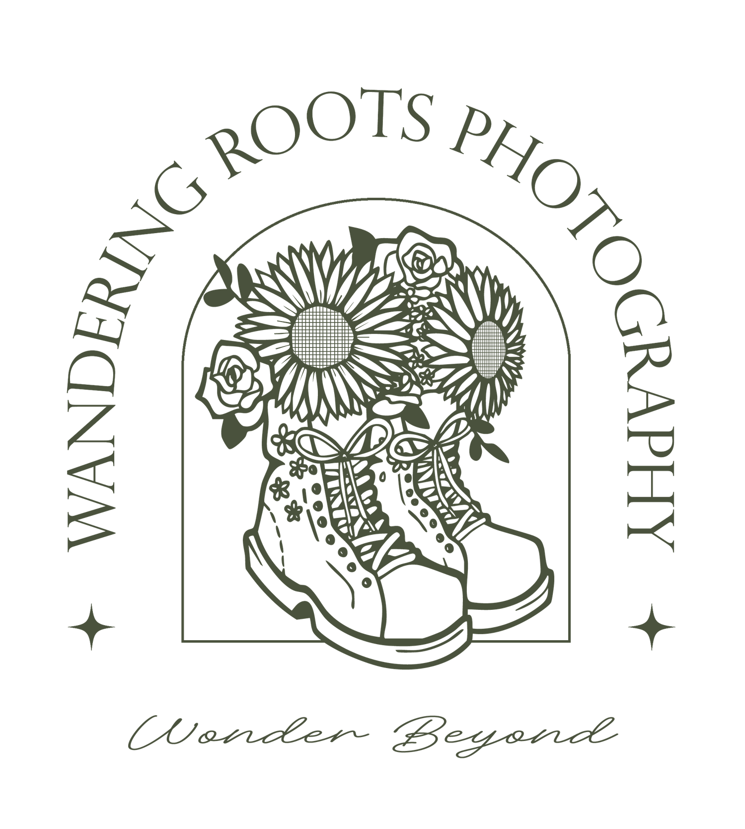 Wandering Roots Collective logo featuring hiking boots filled with blooming flowers, symbolizing adventure, nature, and authentic portraits.