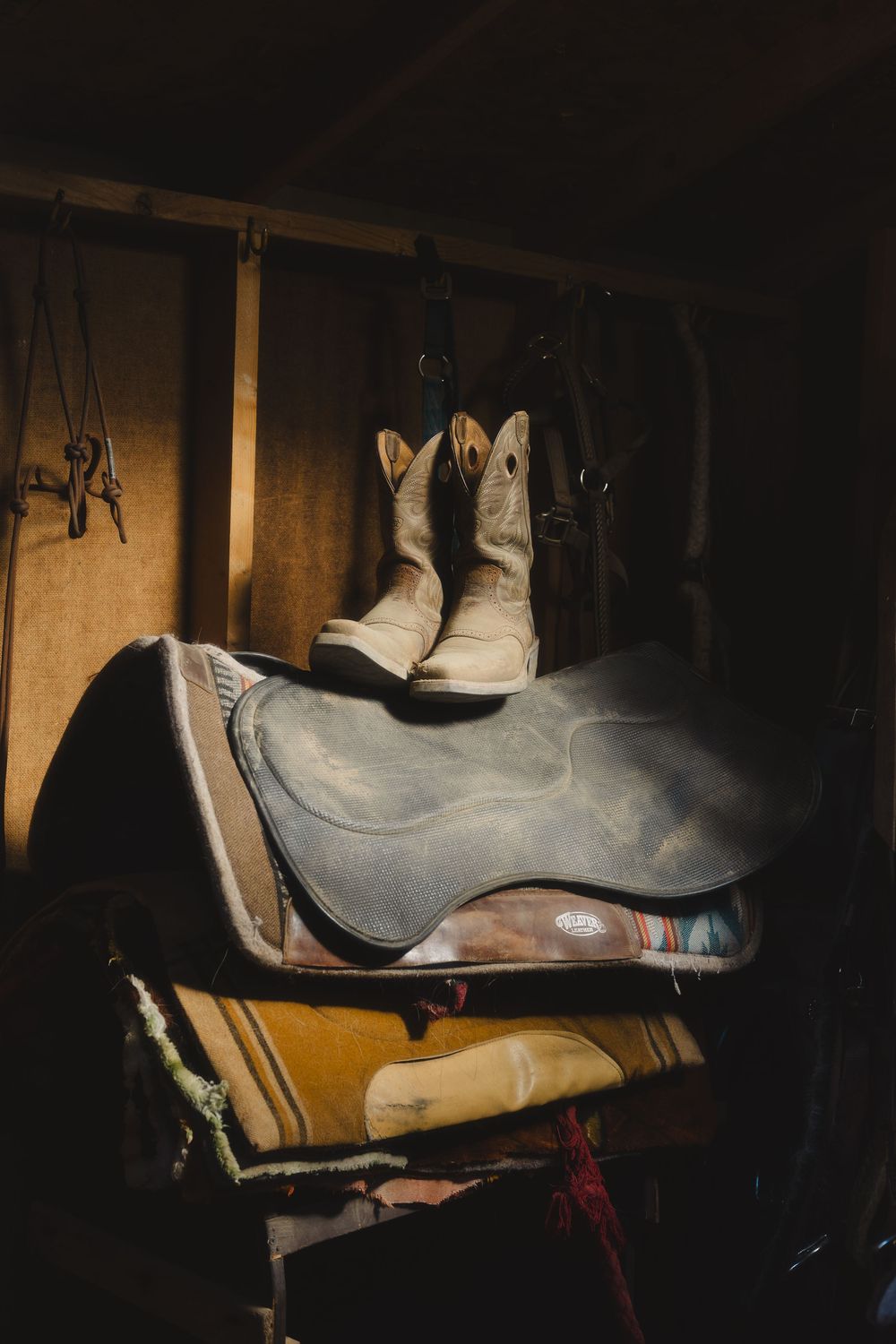 Western boots stored in dark wooden shelves with dramatic lighting.