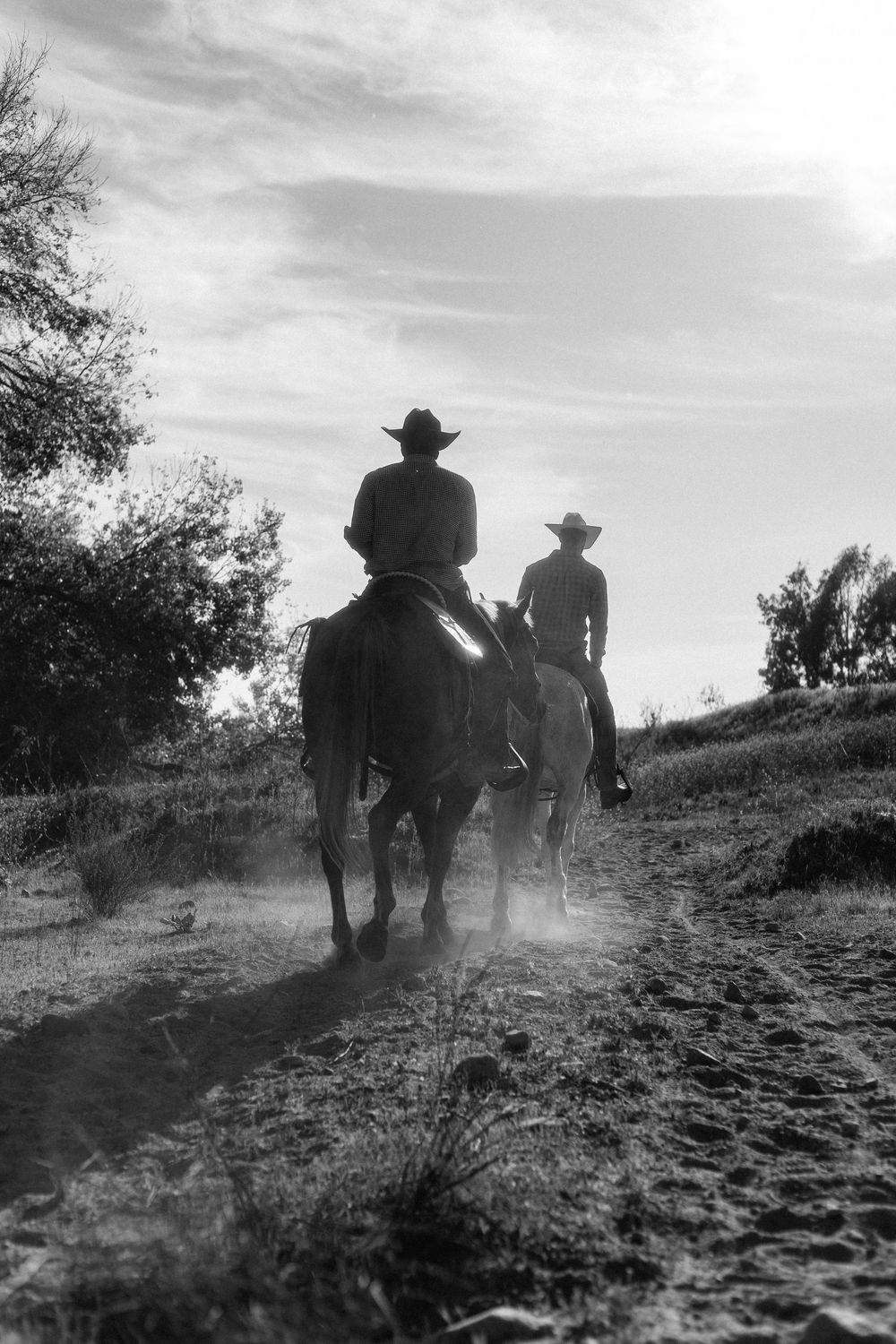 Two riders on horseback silhouetted against a dramatic sky on a dusty trail.