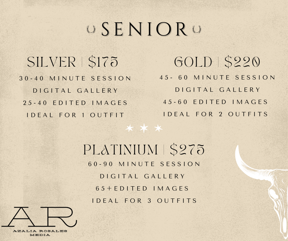 Senior photography pricing menu showing Silver $175, Gold $220, and Platinum $275 packages.