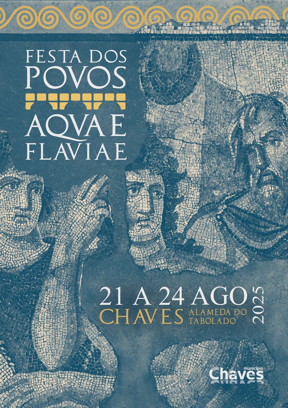 Ancient Roman mosaic artwork banner in blue tones advertising a festival.