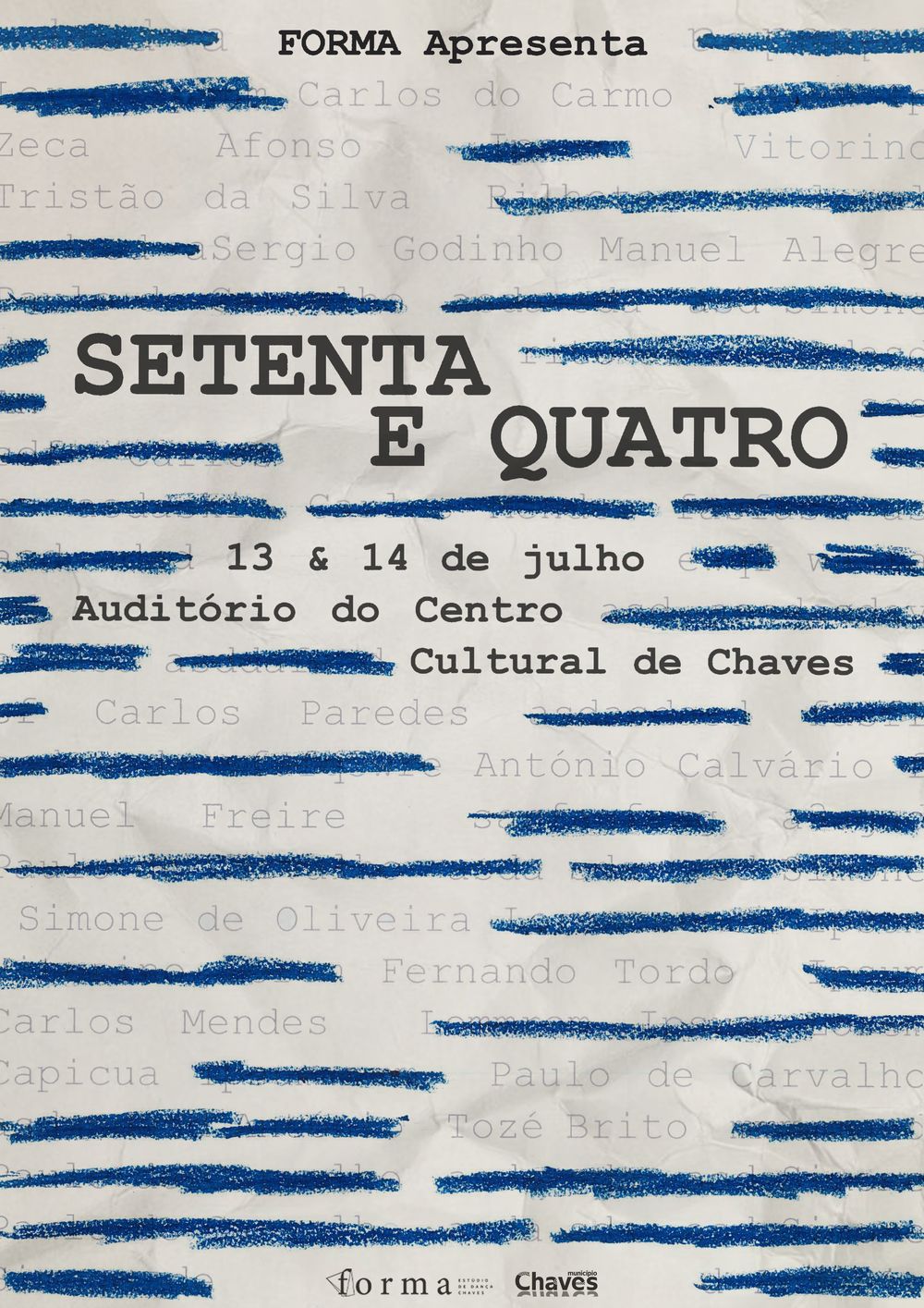 Vintage-style event poster with blue stripes and typewriter text.