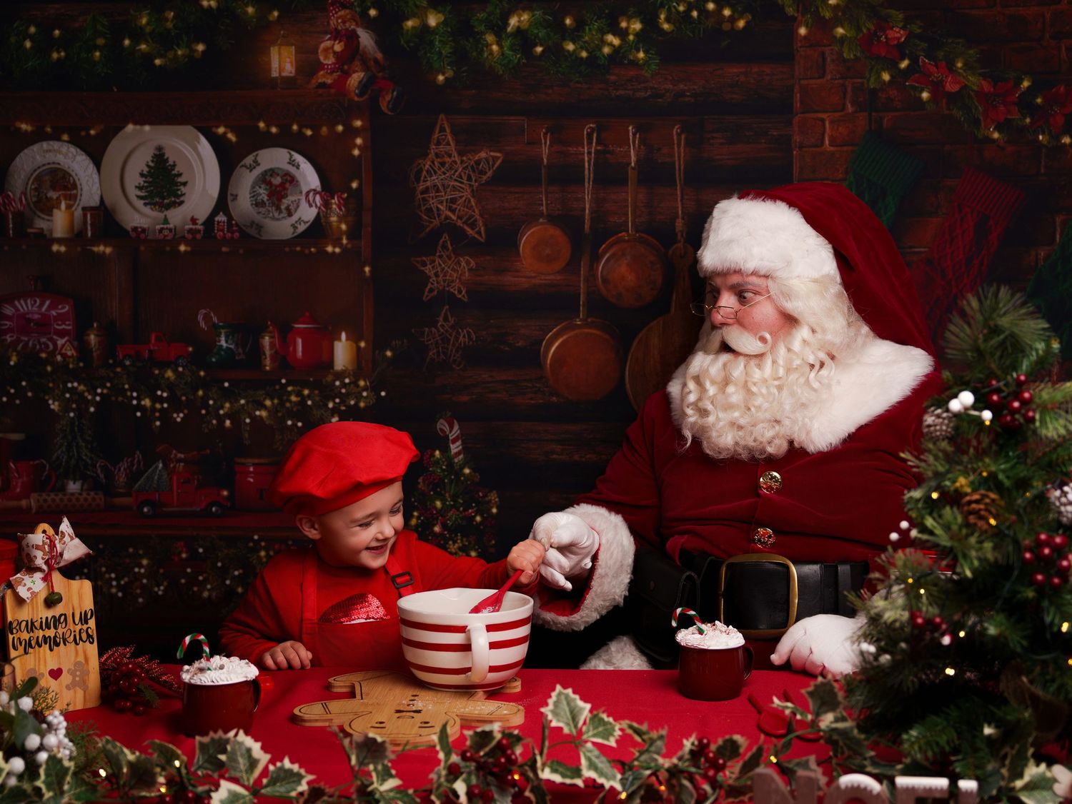 Festive holiday scene with traditional decorations and Christmas figures in conversation.