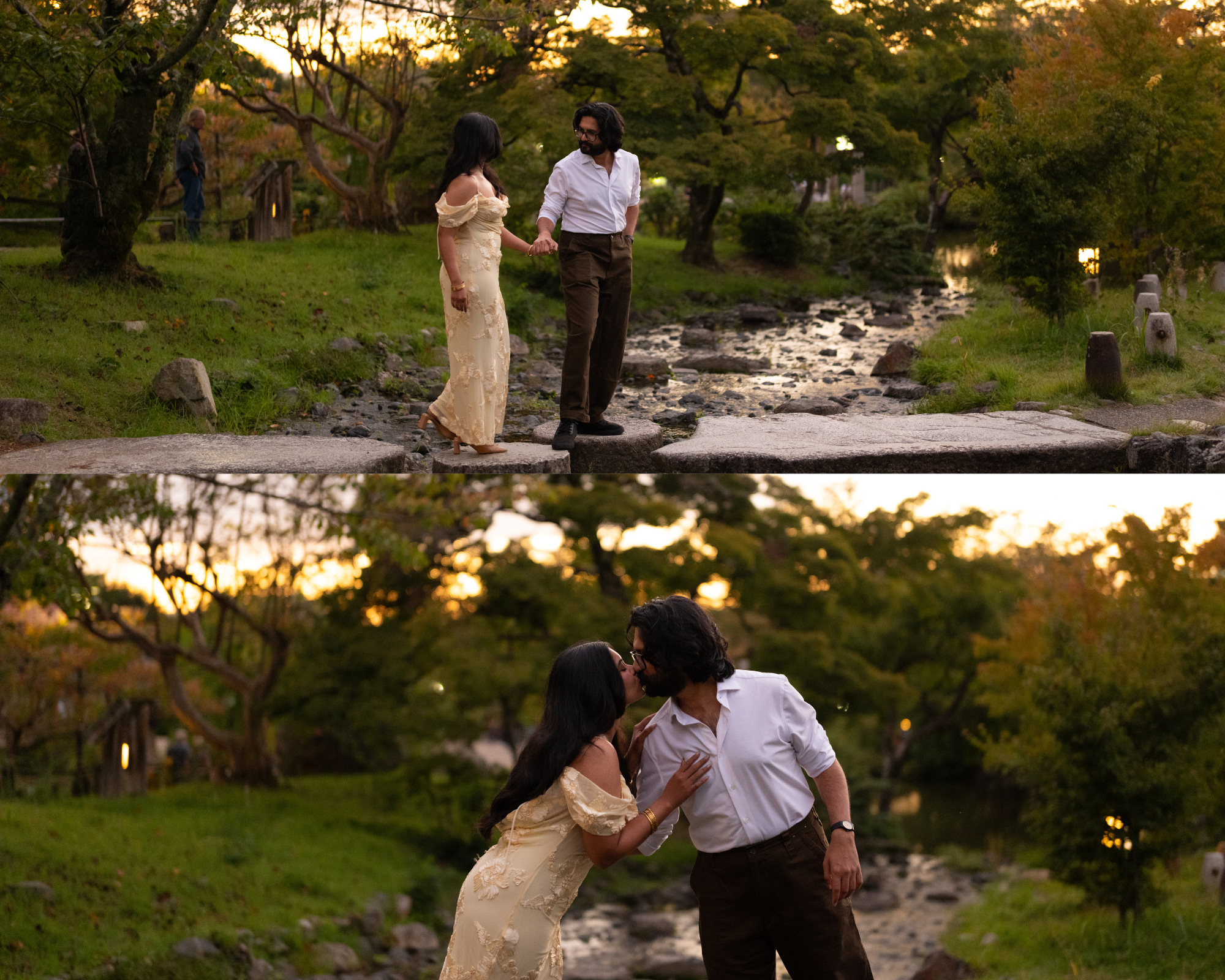 Couple dances and embraces near a stream in a Japanese garden at sunset.
