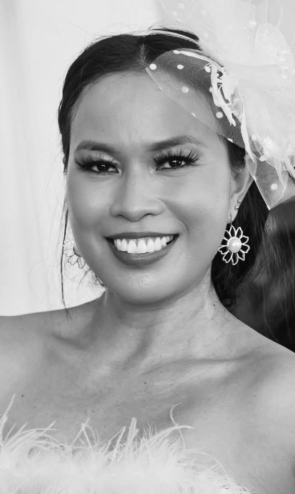 A series of black and white bridal portraits showing joyful expressions and wedding accessories.