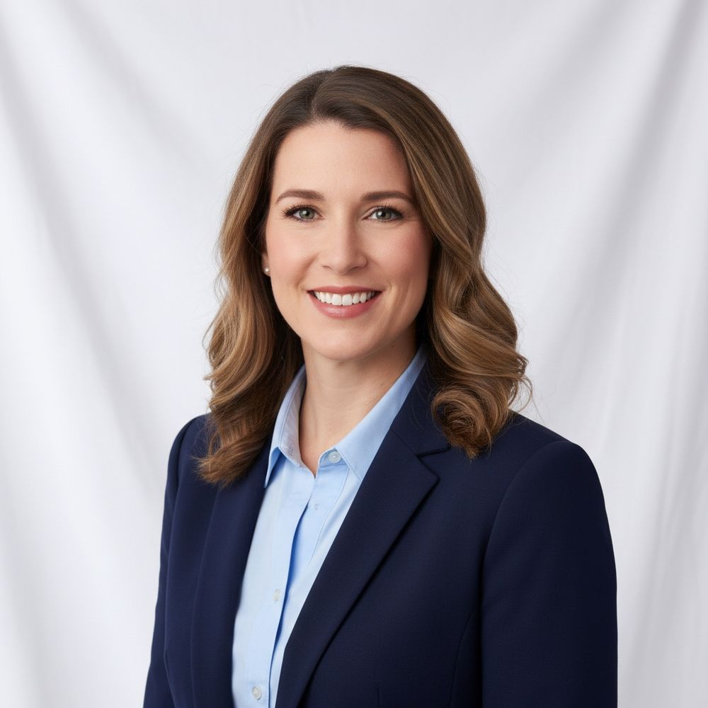Professional headshot of someone wearing a navy blazer and light blue blouse against a white background.