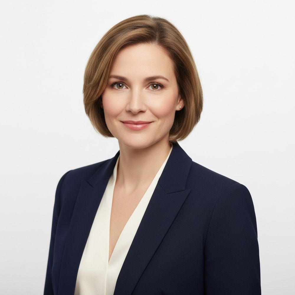 Professional headshot of person in navy blazer and white blouse against light background.