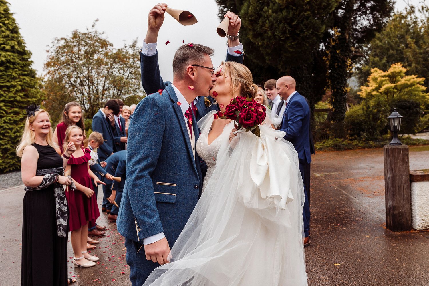 A series of outdoor wedding celebration photos showing joyful moments and embraces during an autumn ceremony.