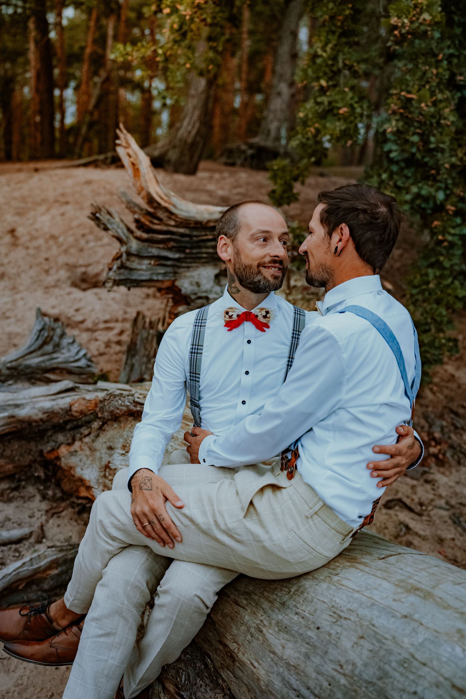 Couple embracing on a hilltop at sunset with tall pine trees framing the romantic mountain landscape.