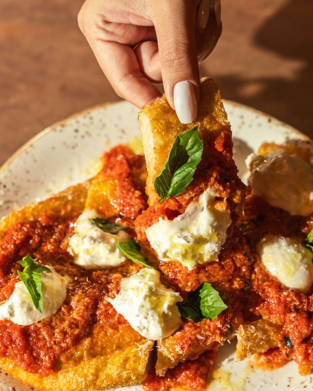Crispy breaded chicken parmesan with tomato sauce, melted cheese and fresh basil garnish. Mtlshutter photography