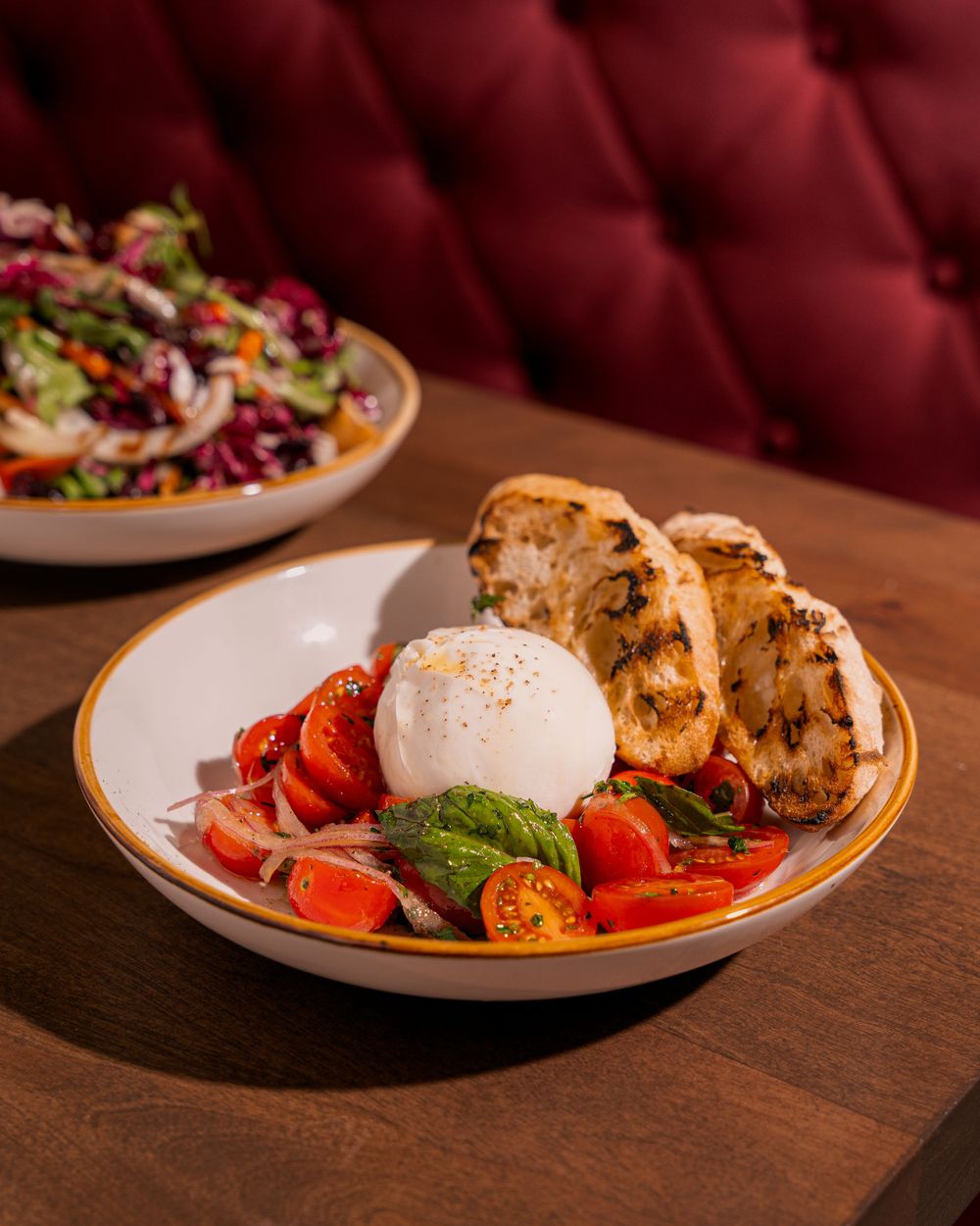 Fresh burrata cheese plate served with grilled rustic bread, cherry tomatoes and mixed greens on a ceramic dish.
