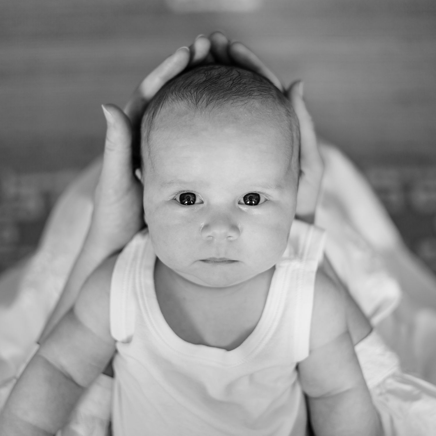 an image of a baby in black and white, looking straight at the camera, with its mother's hands cupping its head