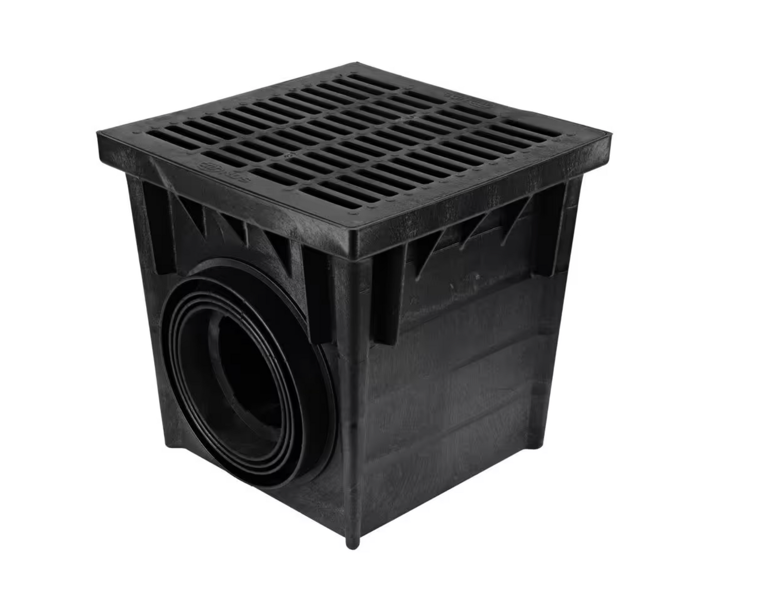Black square catch basin drainage box with grated cover for water collection.