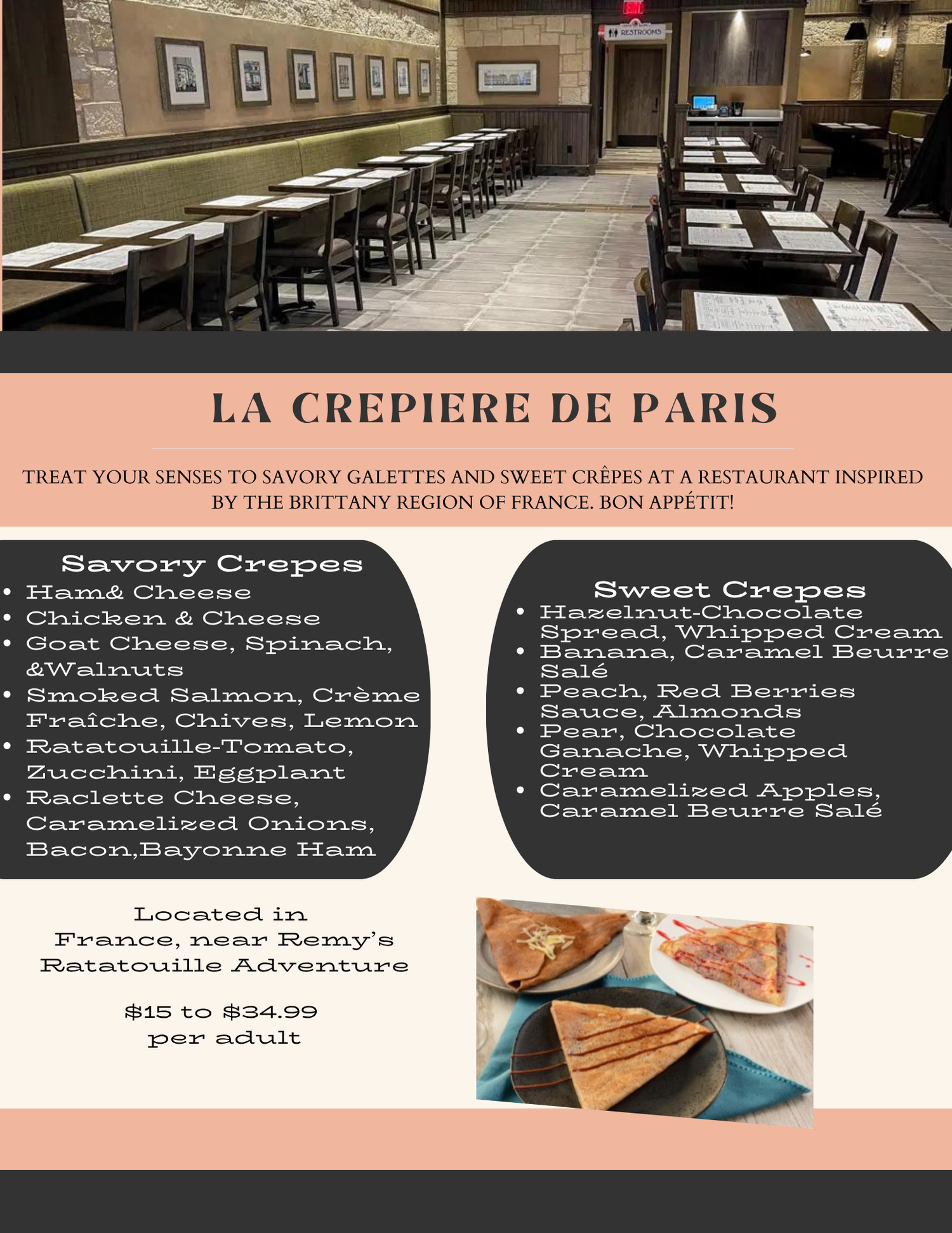 Menu displays of La Crepiere de Paris restaurant showing savory and sweet crepe options with prices.