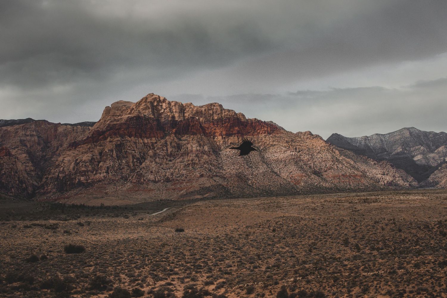 Desert landscape featuring red rock formations and mountains under dramatic cloudy skies.