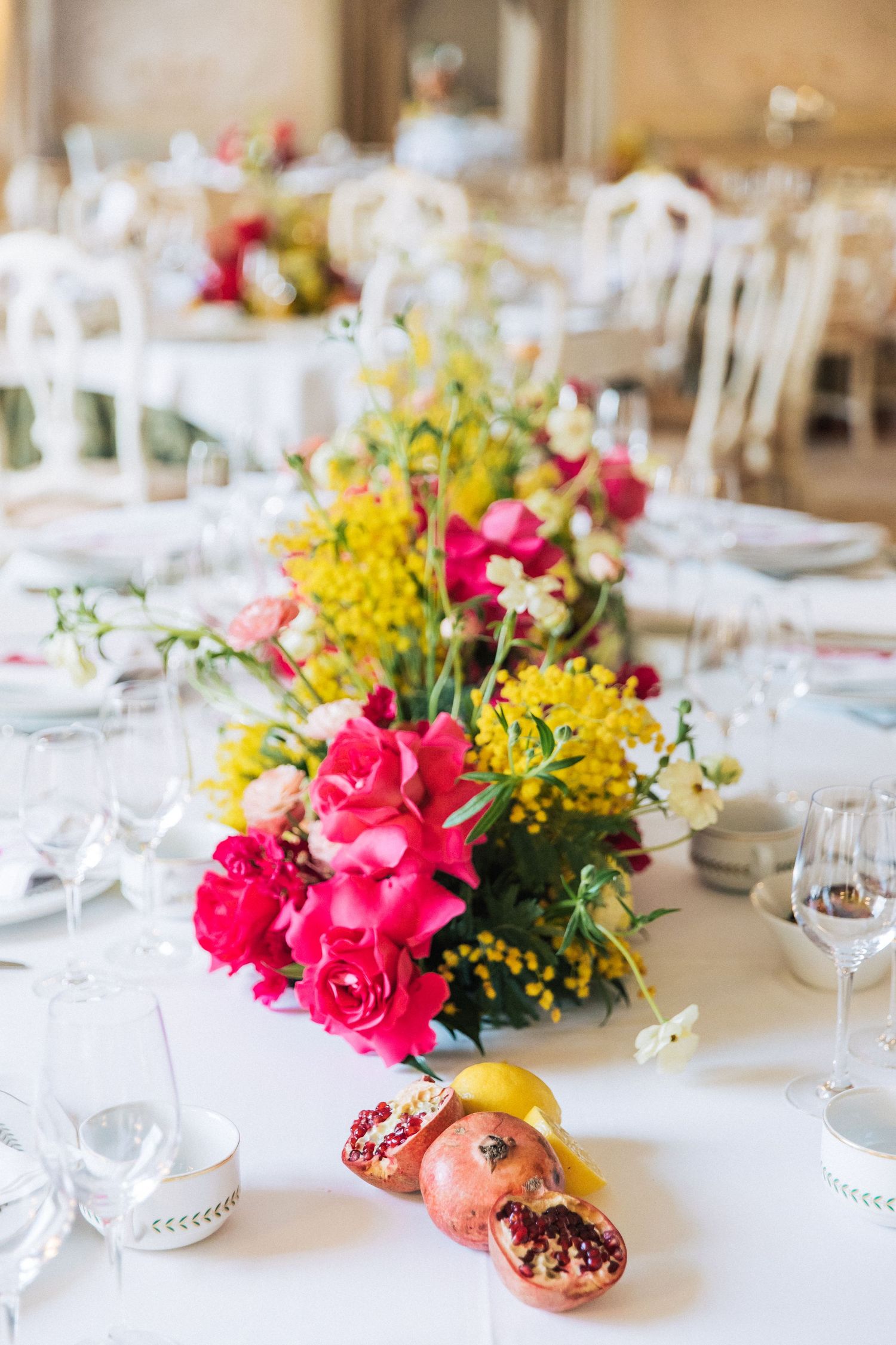 Elegant wedding reception table setting with colorful floral centerpieces at Sintra Palácio de Seteais. by lisbon wedding photographer