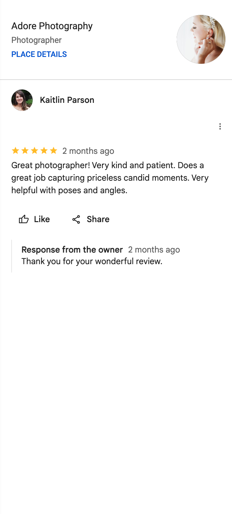 Five-star Google review for Adore Photography from Kaitlin Parson praising kind, patient photographer capturing candid moments.