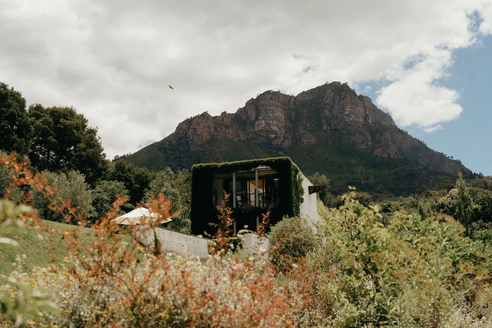 A rustic cabin nestled beneath a majestic mountain peak with wildflowers in the foreground.