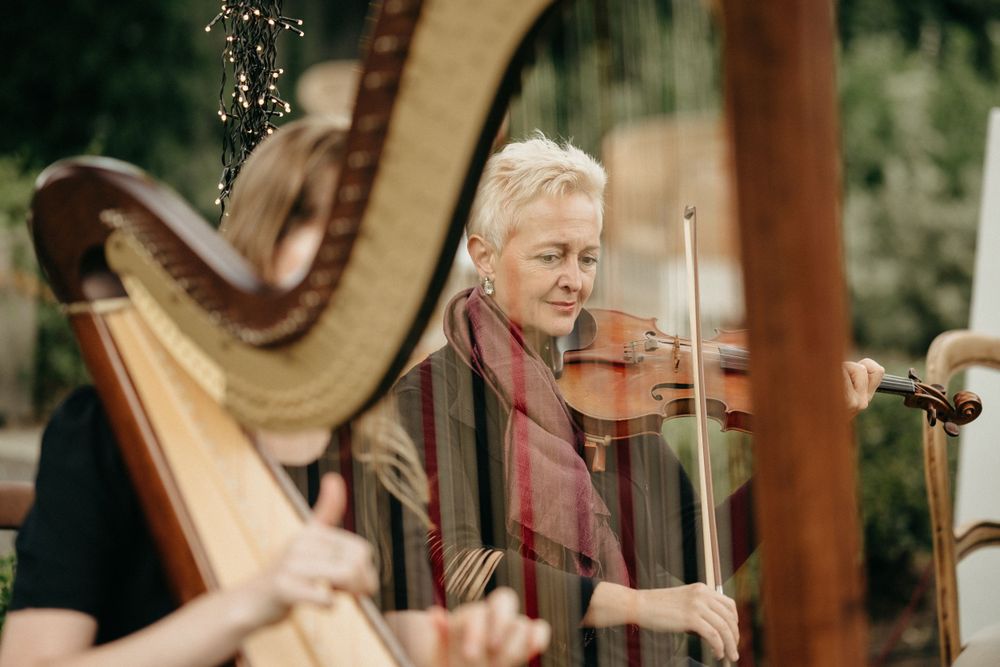 Musicians perform on string instruments including a harp and violin during an outdoor event.