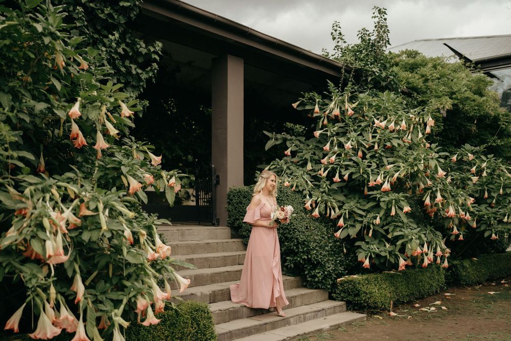 A pink dress stands in a scenic garden with flowering angel trumpet trees by a house entrance.
