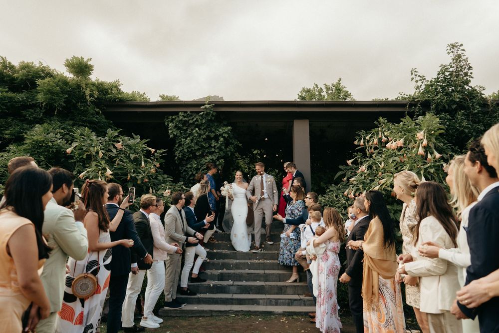 Wedding guests line up on steps to celebrate as a couple exits their ceremony.