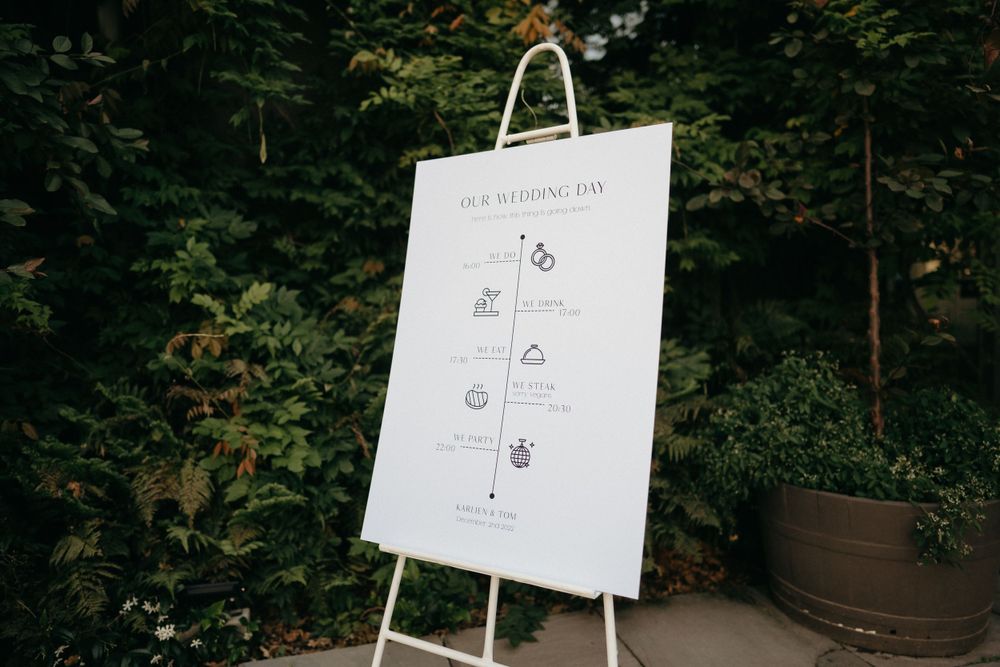 Wedding timeline schedule displayed on white easel stand in outdoor garden setting.